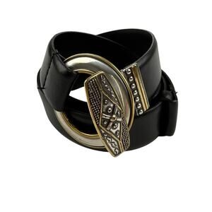 Chico’s Black Genuine Leather Belt Silver Gold Tone Stud Buckle Boho Western S/M